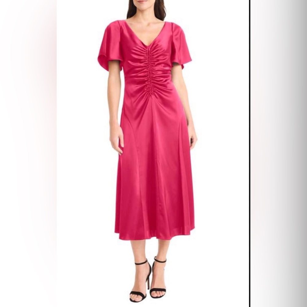 Maggy London Flutter Sleeve Ruched Satin Midi Dress NWT- 18
